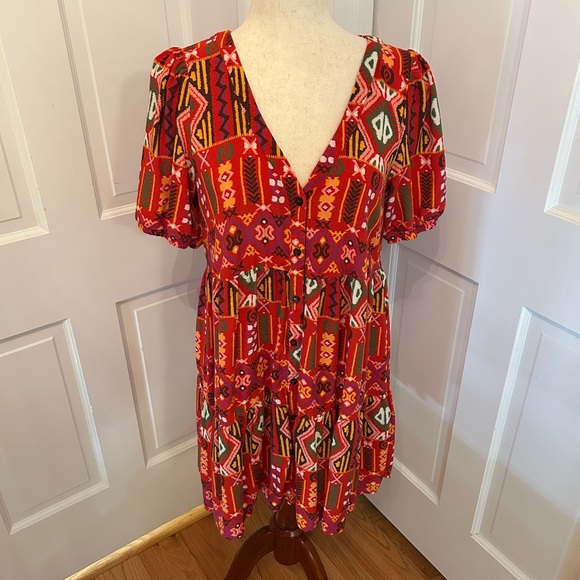 Never Fully Dressed Aztec Boho Print Mini Dress Red V-Neck Puff‎ Sleeve Size M - Picture 1 of 9